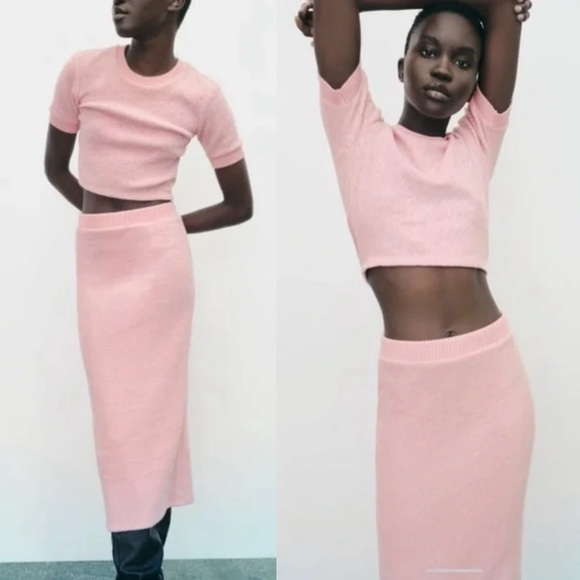 ZARA Powder Pink Midi Pencil Skirt Set Casual Barbiecore Medium Pastel Soft Girl - Picture 1 of 16
